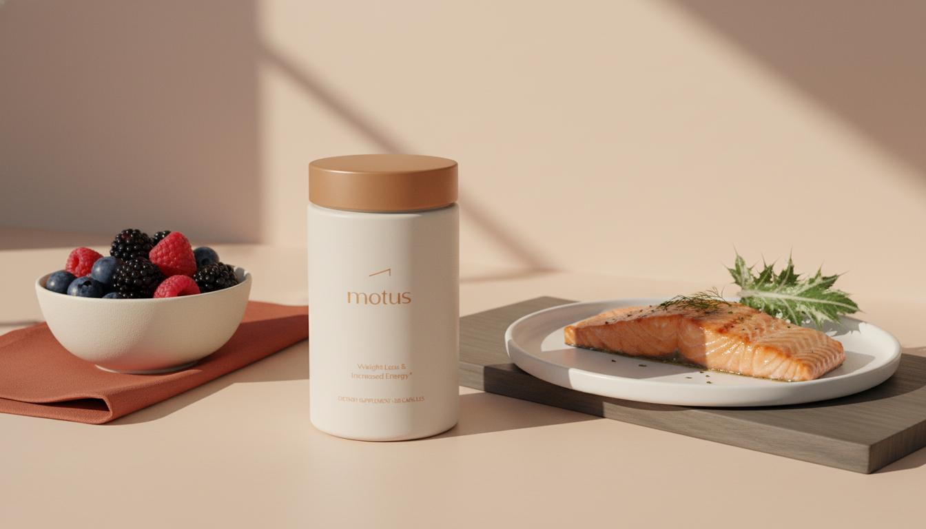 Minimal kitchen counter with supplement jar, mixed berries, grilled salmon and milk thistle leaf illustrating memory supplements evidence in a calm, minimalist lifestyle scene.