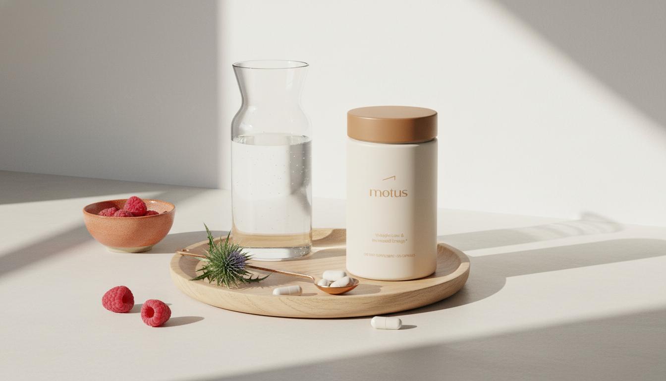 Minimal kitchen still life with Tonum supplement jar on wooden tray beside glass carafe, berries, milk thistle and capsules – magnesium glycinate supplement scene