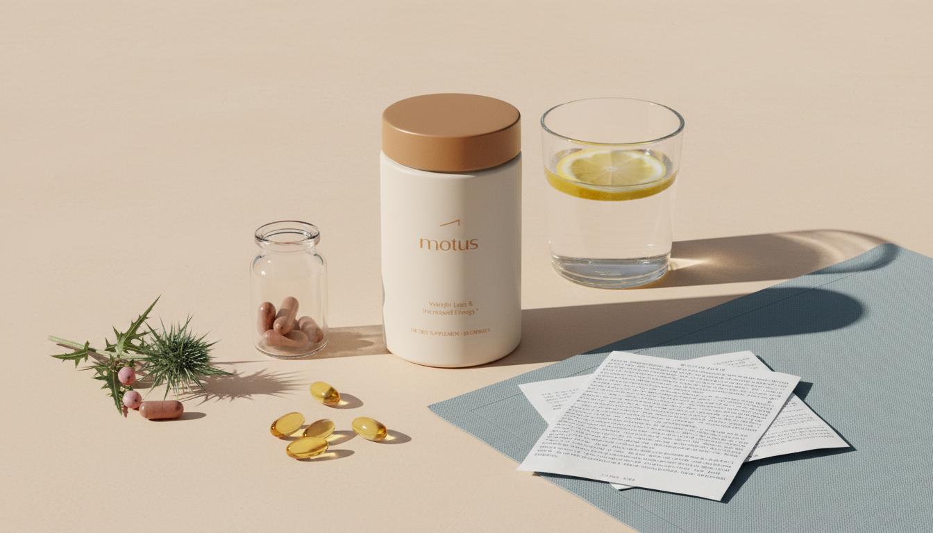 Minimalist still-life with Tonum supplement container, glass of water with lemon, fish oil capsules and milk thistle on pale beige background — best supplement for joint lubrication