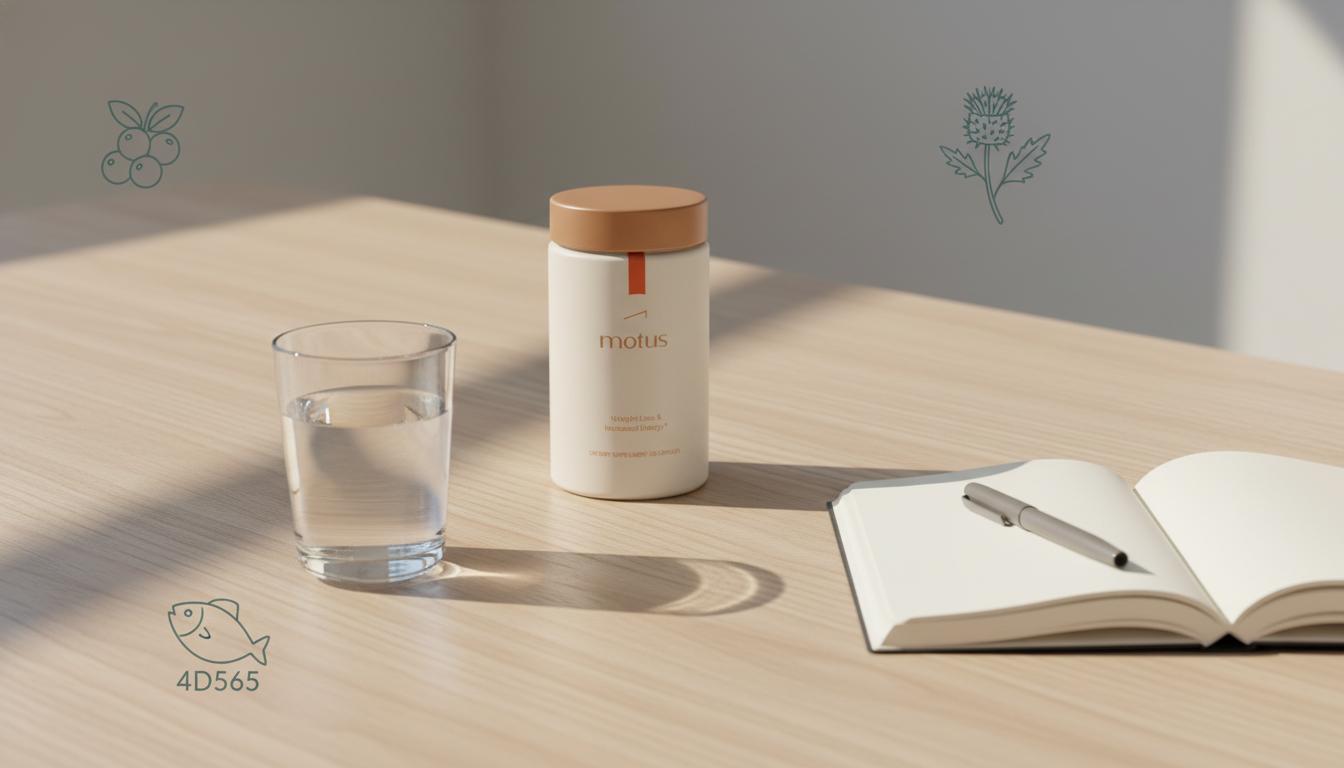 Minimalist still-life of a Tonum supplement jar with a glass of water, open notebook and Tonum icons (berries, fish outline, milk thistle) on a soft beige background, emphasizing 1000 mcg