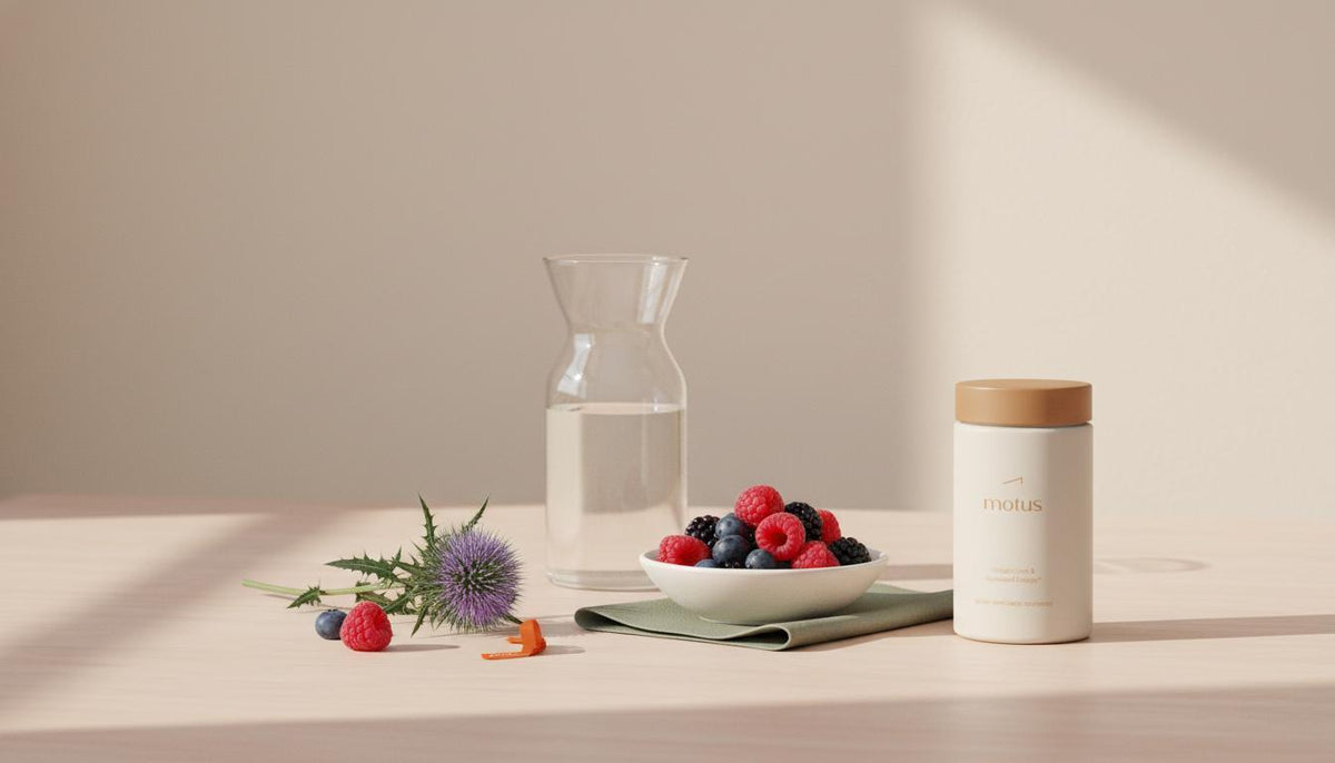 Minimalist still-life of a Tonum supplement jar with mixed berries, milk thistle sprig and glass carafe on a wooden table, illustrating what improves memory and focus