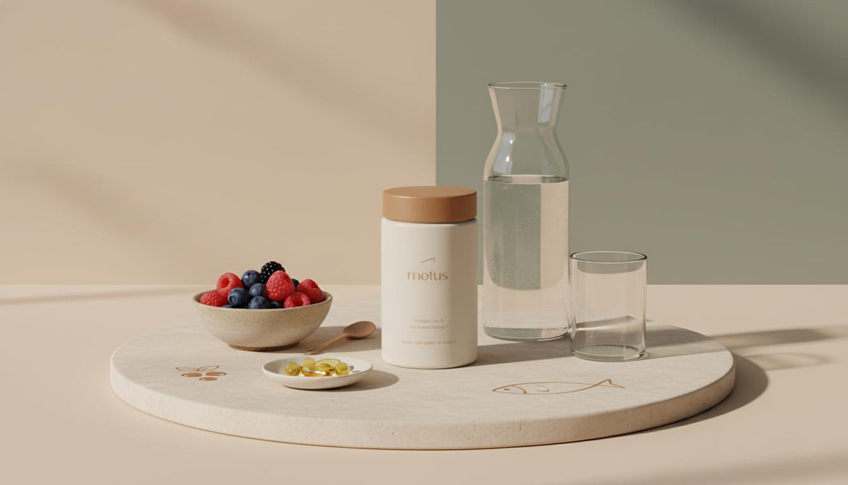 Minimalist morning scene with Tonum supplement jar, glass carafe, bowl of berries and dish of fish oil capsules on a pale wooden surface, styled for brain fog clarity.