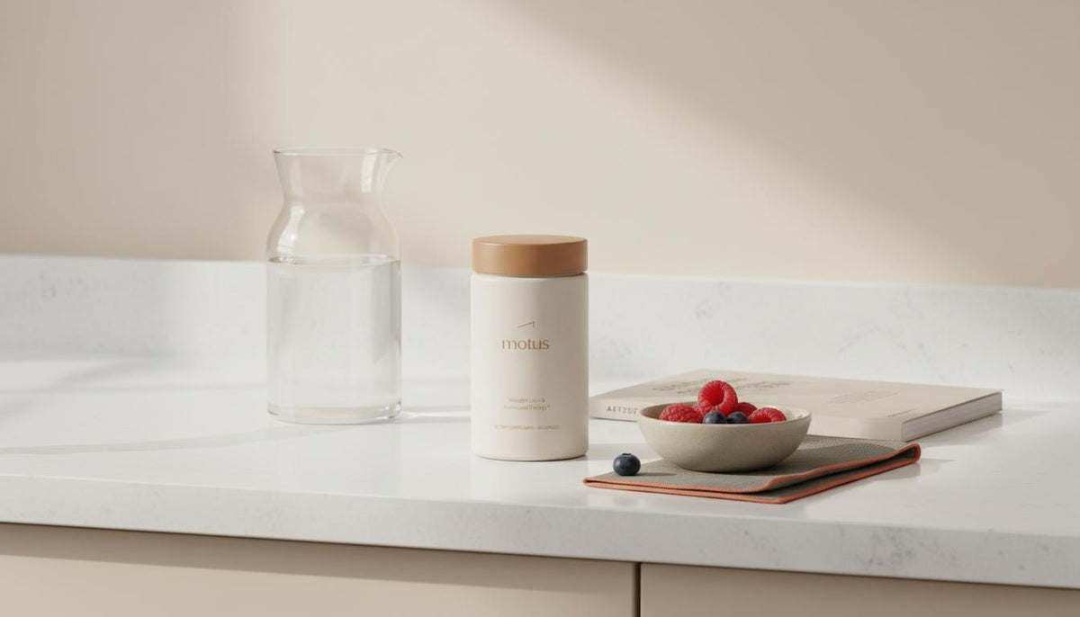 Minimal kitchen counter with Tonum Motus supplement jar beside a carafe, bowl of berries and research booklet in soft light — over the counter weight loss pills scene in Tonum colors.