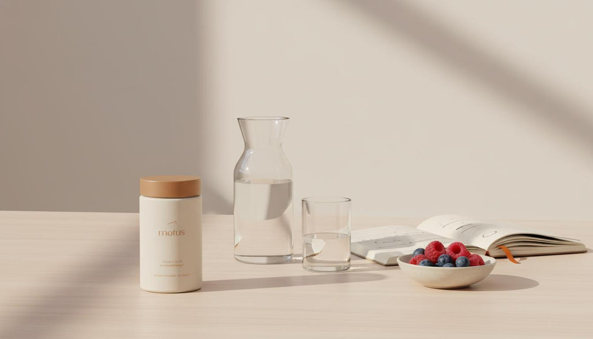 Minimalist lifestyle photo of Tonum Motus supplement jar beside a glass carafe, open notebook and small bowl of berries on a light wood table to boost metabolism naturally.
