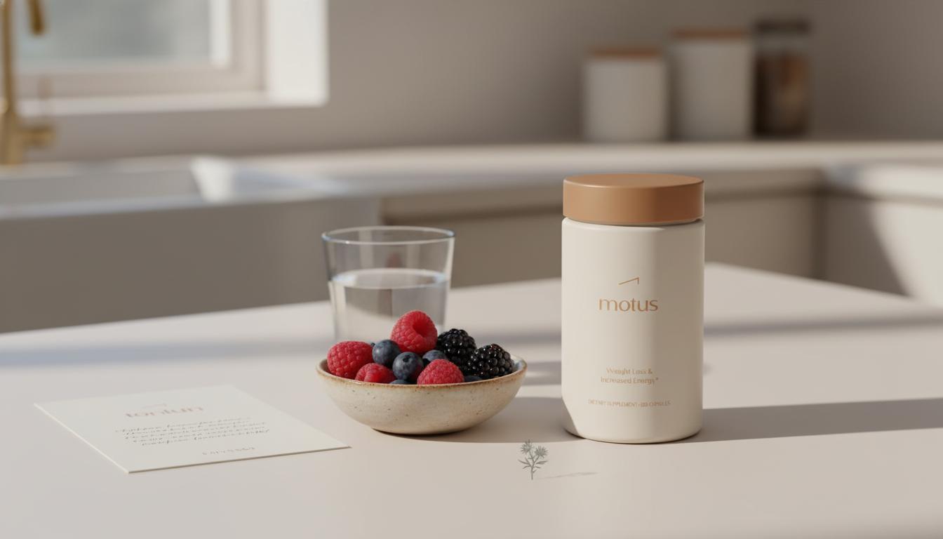Tonum Motus supplement jar beside bowl of mixed berries, glass of water, and folded nutrition notes card on a minimalist kitchen counter — Mayo Clinic multivitamin guidance