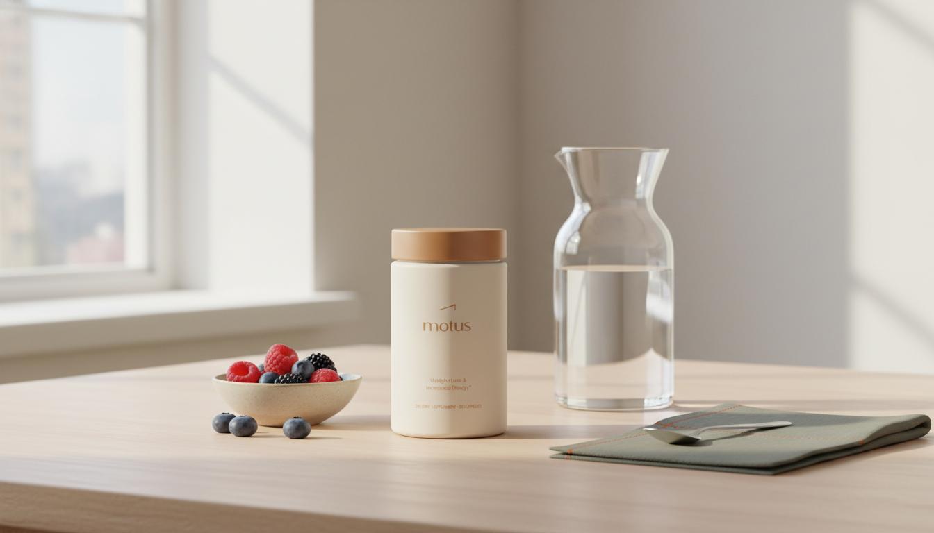 Minimalist table scene with Tonum Motus supplement jar, glass carafe of water and bowl of berries on a wooden table by a window in soft light — best protein shakes for women