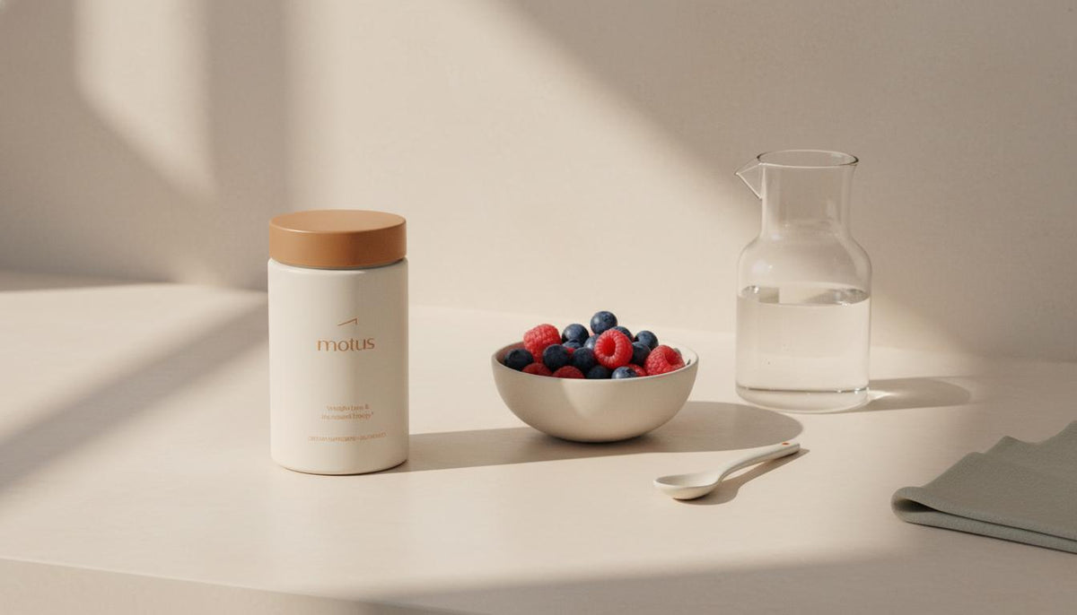 Minimalist kitchen still life with Tonum Motus supplement jar beside fresh berries and a glass carafe, evoking a calm morning ritual for metabolism pills.