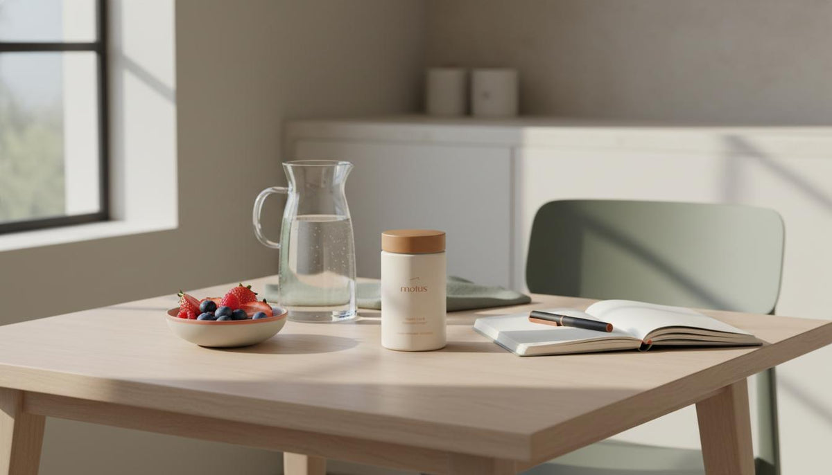 Minimalist morning kitchen scene with the Tonum Motus container, bowl of mixed berries, glass carafe and open notebook, illustrating the Metabolic Balance technique for nutrition.
