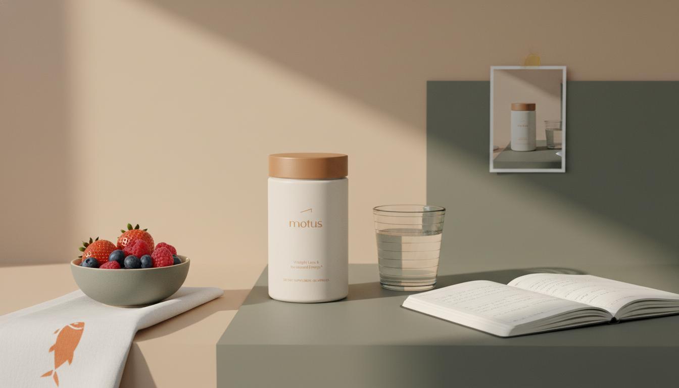 Minimalist kitchen counter with Motus supplement jar, glass of water, open training journal and bowl of berries with a fish icon on a napkin; clean Tonum palette — creatine for weight loss