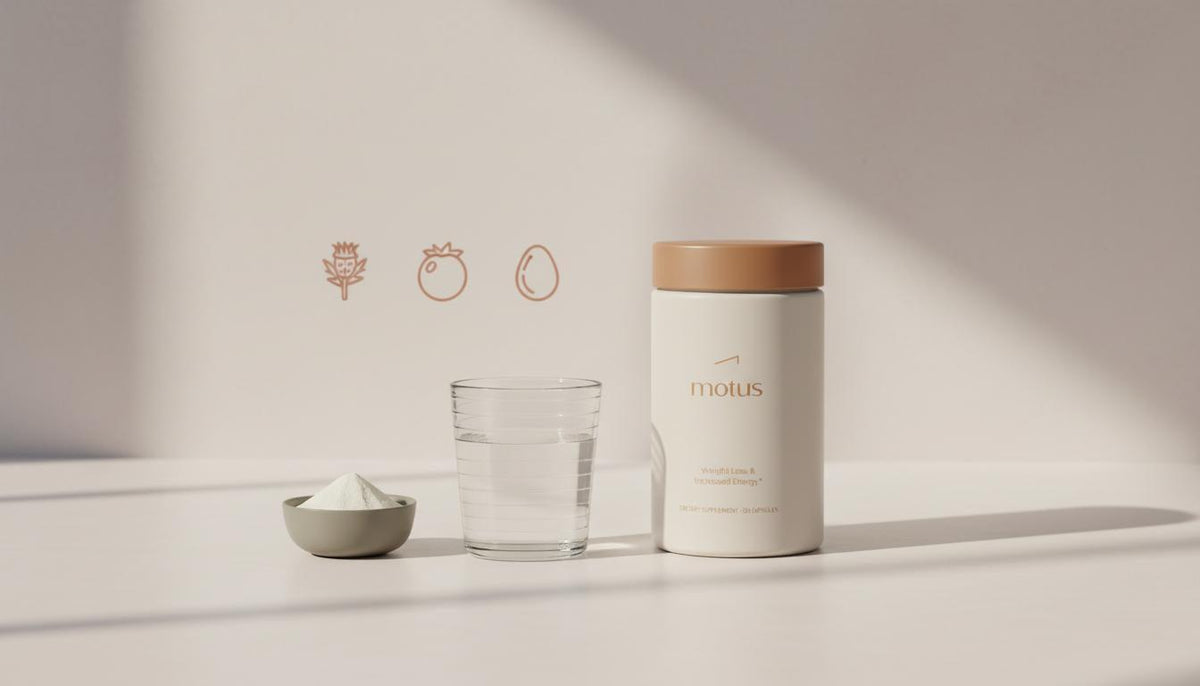 Tonum Motus jar on a minimalist kitchen counter with a glass of water and bowl of whey powder, milk thistle and berry icons - whey protein for weight loss