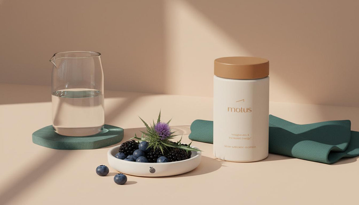 Minimal minimalist countertop with Tonum Motus supplement jar, berries and milk thistle sprig — visual for best appetite suppressant and weight management.