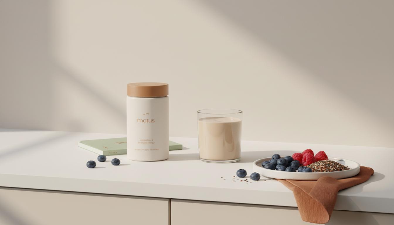 Minimalist kitchen counter with Tonum Motus supplement beside a prepared protein shake, berries, and seeds — protein shakes for belly fat loss.