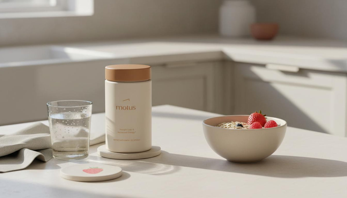 Minimalist kitchen counter with Tonum supplement jar, glass of water, napkin and bowl of berries and oats, conveying weight loss powder safety and trustworthy nutrition.
