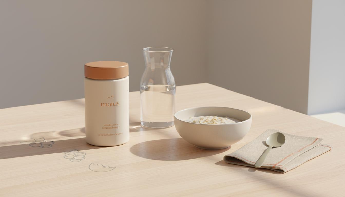 Minimal breakfast scene with Tonum supplement jar beside oats and water on a wooden table under soft morning light — best time to take psyllium husk