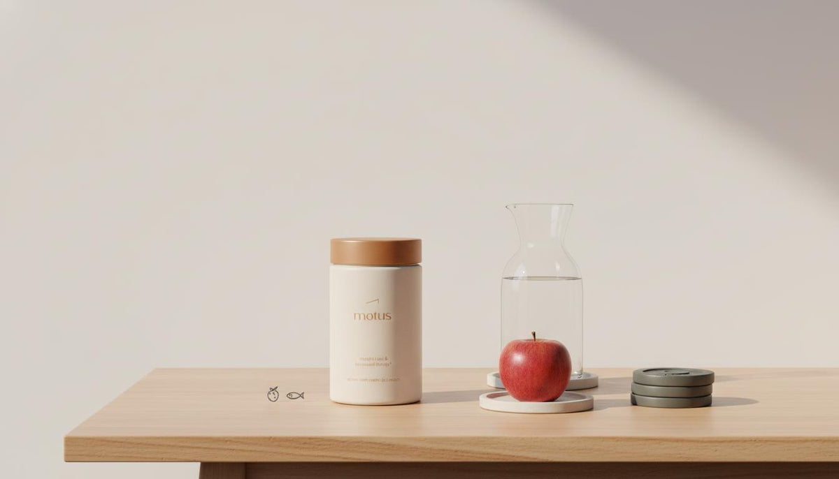 Minimal Tonum Motus jar on wooden table with carafe, apple and weights, subtle berry and fish icons — best supplements for weight loss