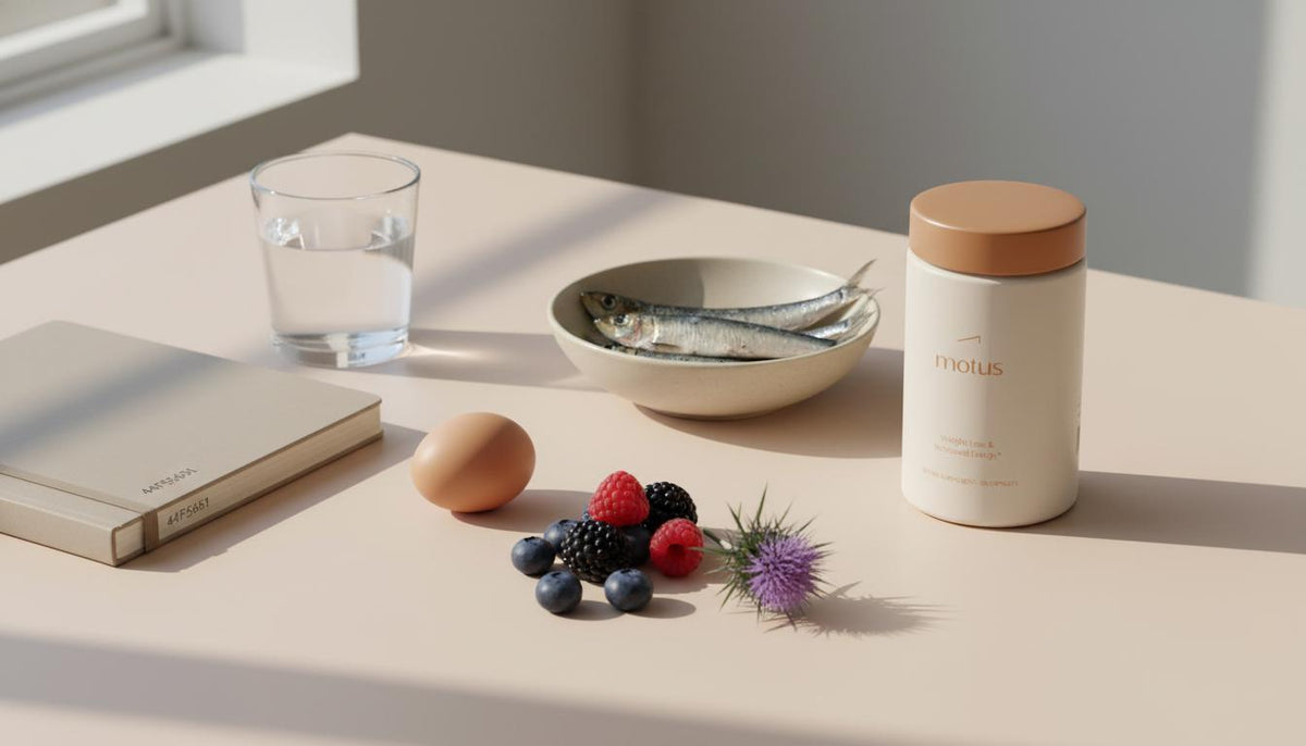 Minimalist still-life of Tonum supplement jar with sardines, egg, berries and milk thistle on a beige tabletop beside a notebook and water glass — super vitamin for the brain