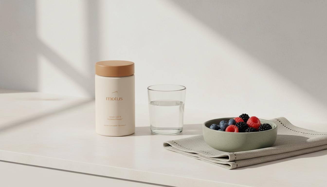 Minimalist kitchen scene with Tonum Motus supplement jar beside a glass of water, bowl of mixed berries and folded towel — best protein powder for weight loss and toning