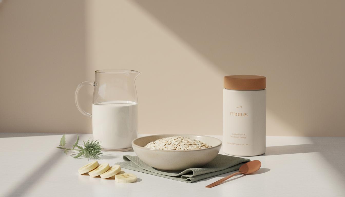 Minimal kitchen counter with Tonum supplement jar, pitcher of milk, bowl of rolled oats and sliced banana — is a mass gainer a good protein source
