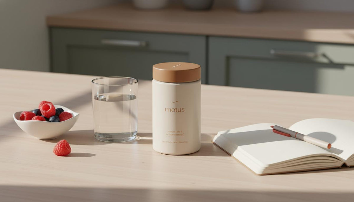 Sunlit minimalist kitchen counter with Tonum Motus bottle next to water, notebook and bowl of berries — what to tell my doctor before taking phentermine