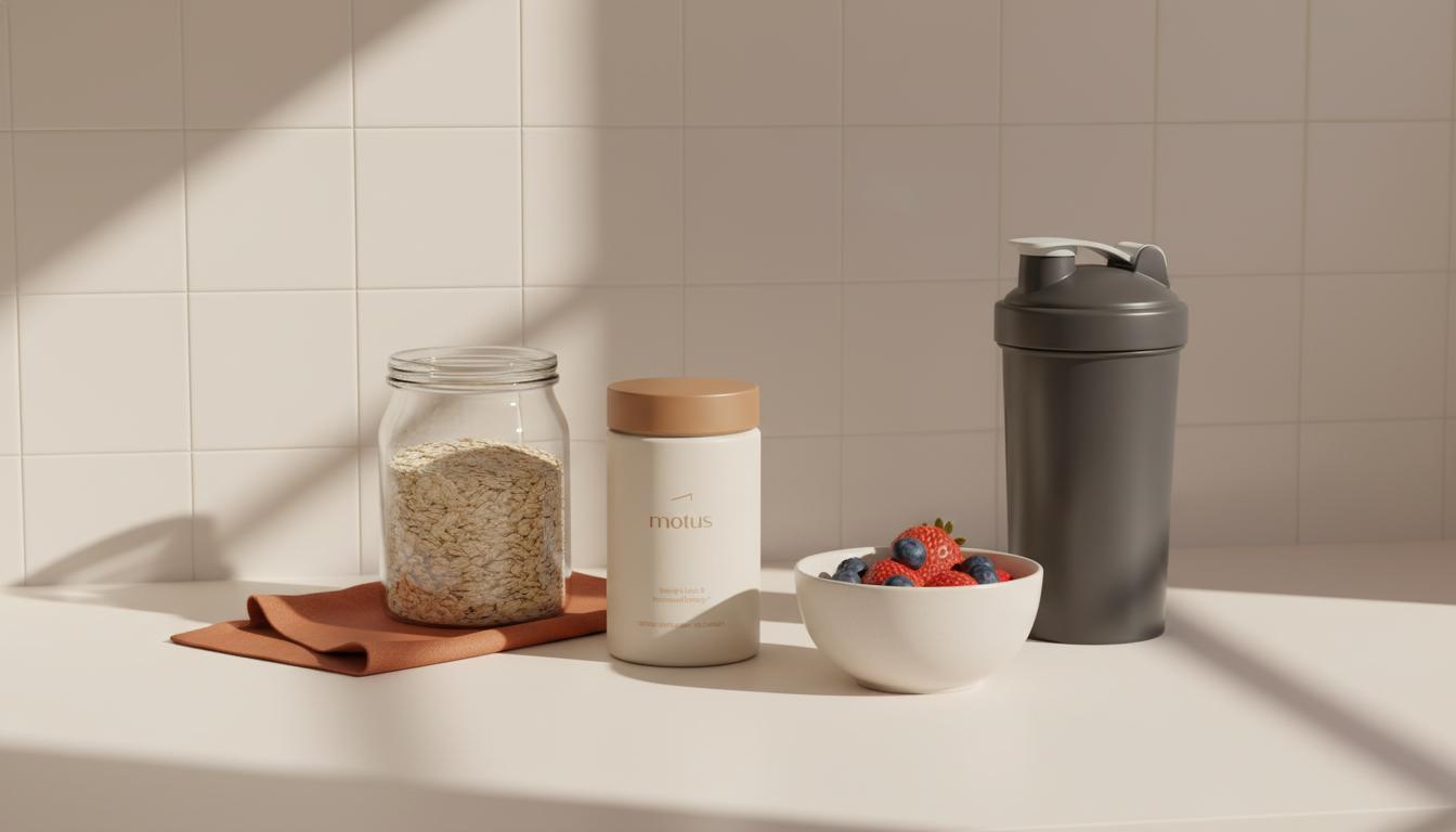 Minimalist kitchen counter with Tonum supplement container beside oats jar, bowl of berries and protein shaker in soft morning light — daily protein powder