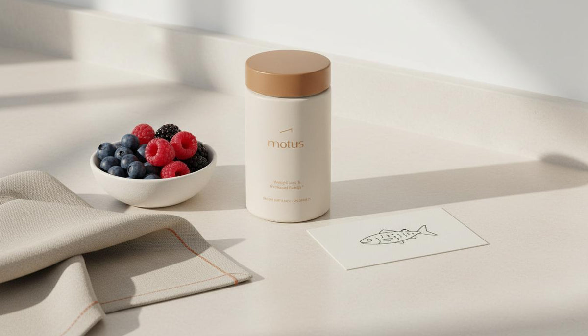 Minimalist kitchen scene with Tonum Motus supplement jar beside a bowl of berries and a fish illustration card, highlighting evidence for dietary supplements.