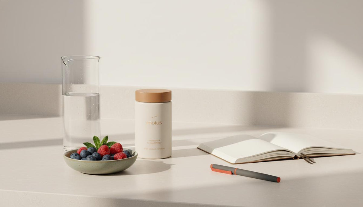 Minimalist kitchen tabletop with Tonum Motus supplement, glass carafe, bowl of berries and open notebook — how do i speed up my metabolism for weight loss