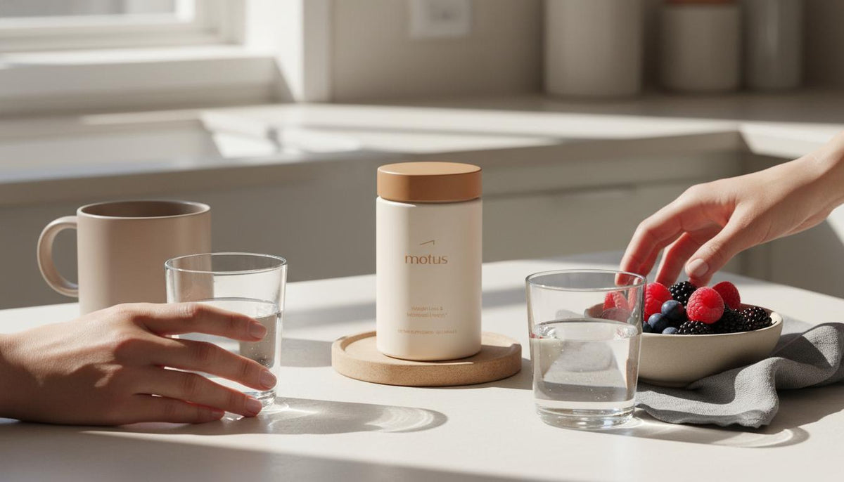Minimalist kitchen counter with Tonum Motus supplement jar beside a bowl of berries, a neutral mug and glass of water; hands reaching for the jar, highlighting a daily ritual for collagen and belly fat.