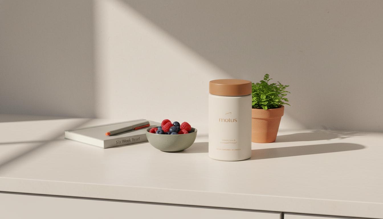 Minimalist still life of Tonum Motus supplement jar with fresh berries, notebook and potted herb on a clean counter for a 6 week metabolic reset program