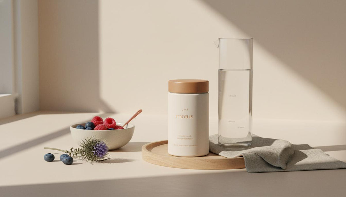 Minimalist kitchen scene with Tonum Motus supplement jar on a wooden tray, carafe of water, bowl of berries and milk thistle sprig — sustainable health lifestyle.