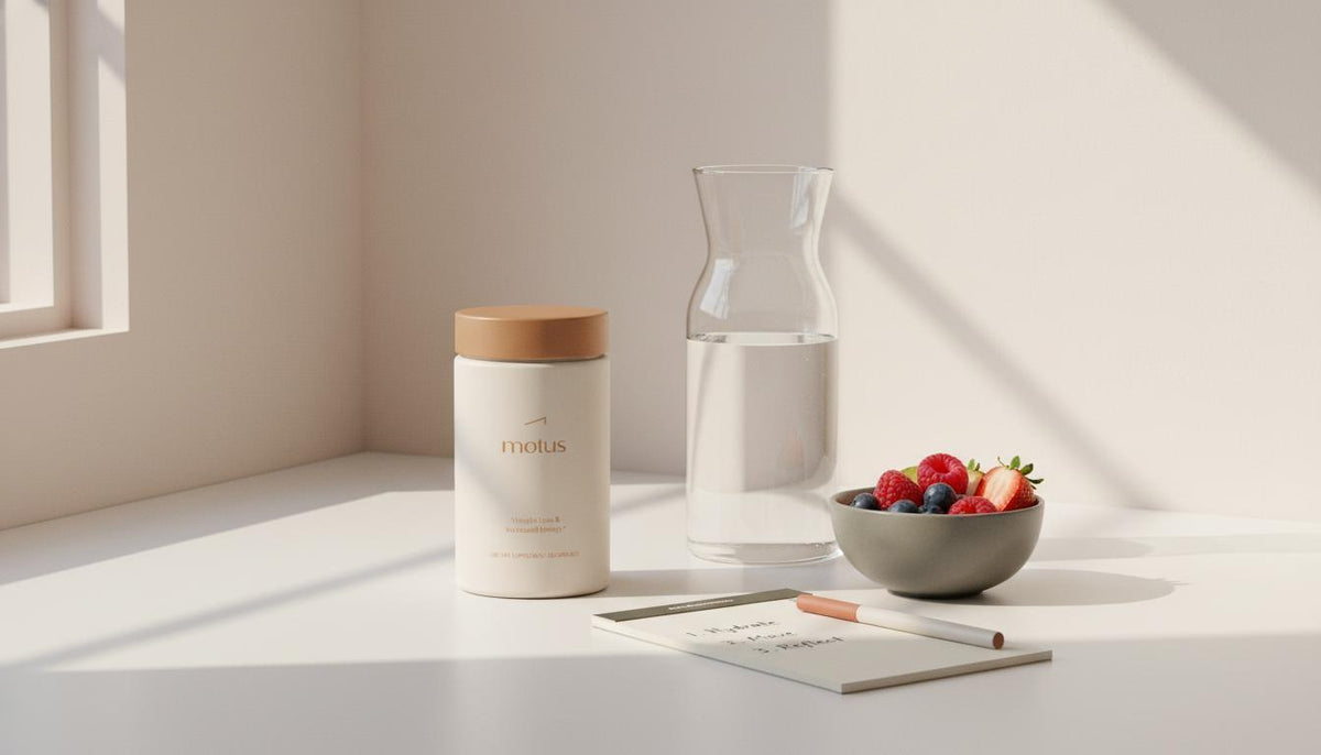 Minimal kitchen table with Tonum Motus supplement jar beside a glass carafe, bowl of berries and a notepad listing daily habits, suggesting simple routines to lose weight quickly.