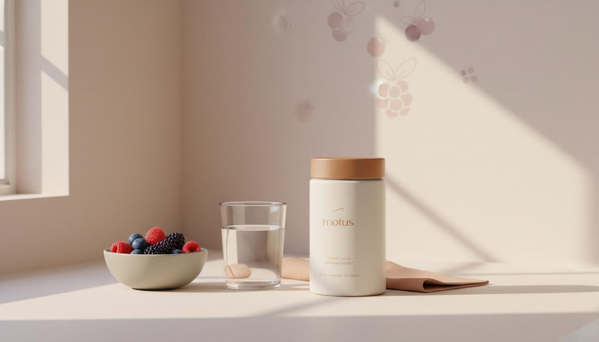 Minimalist kitchen counter with Tonum supplement jar beside a bowl of fresh berries and a glass of water on a #F2E5D5 background — DHA supplements lifestyle product image