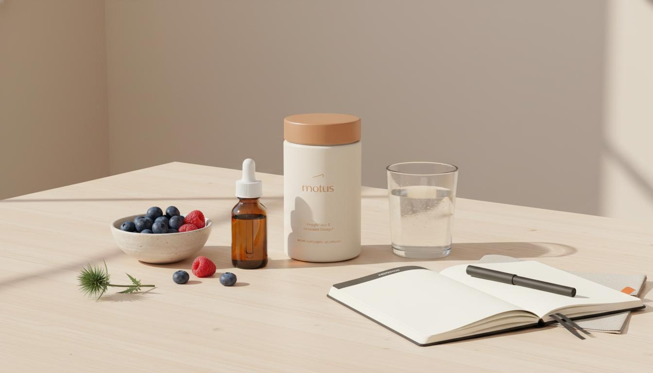 Minimalist tabletop scene with Tonum supplement jar beside berries, a fish oil bottle, glass of water and open notebook on beige background — best supplement for focus and memory