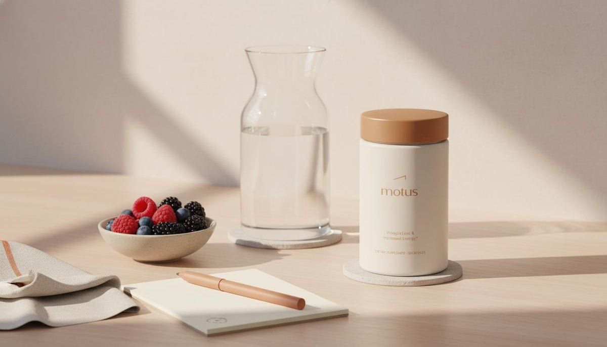 Motus supplement jar on a minimalist Tonum-colored table with glass carafe, bowl of berries and notepad, evoking balanced routine and safe weight loss pills.