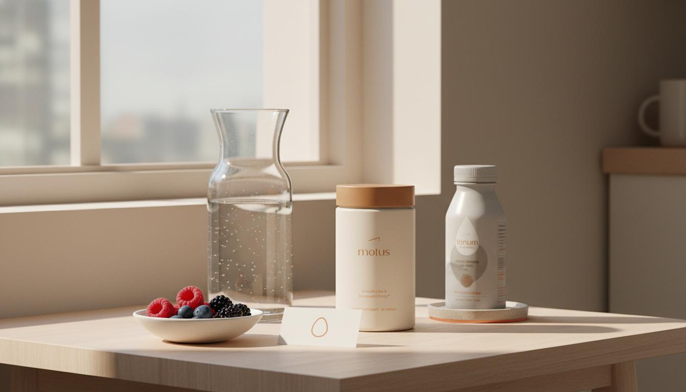 Minimal kitchen table scene with Tonum Motus jar, protein shake bottle, berries and egg card by a window — when to start protein shakes after gastric sleeve