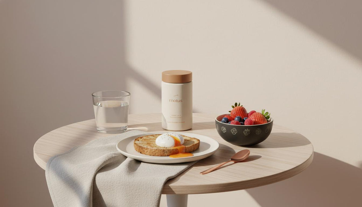 Minimalist breakfast nook with Tonum Motus supplement jar next to mixed berries and a glass of water — will a nutrition coach help me lose weight? Clean, Tonum-branded wellness scene.