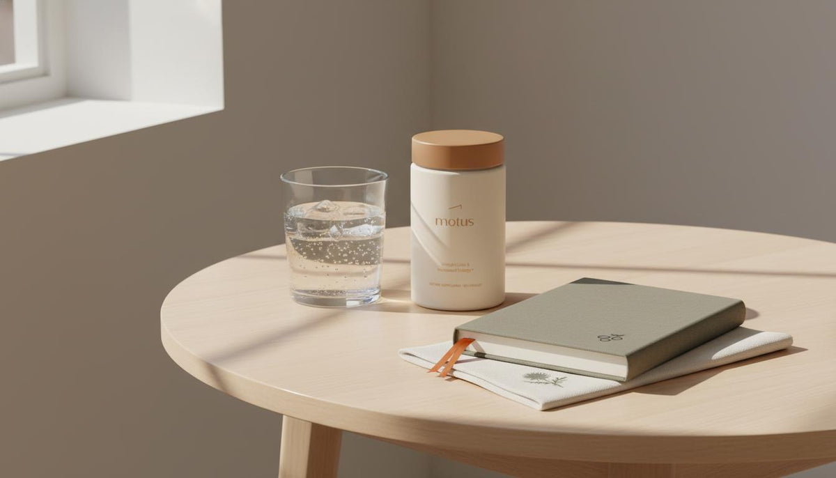 Minimalist breakfast nook with Tonum Motus supplement jar on wooden table beside water and journal, conveying Ozempic BMI eligibility and lifestyle-focused weight management.