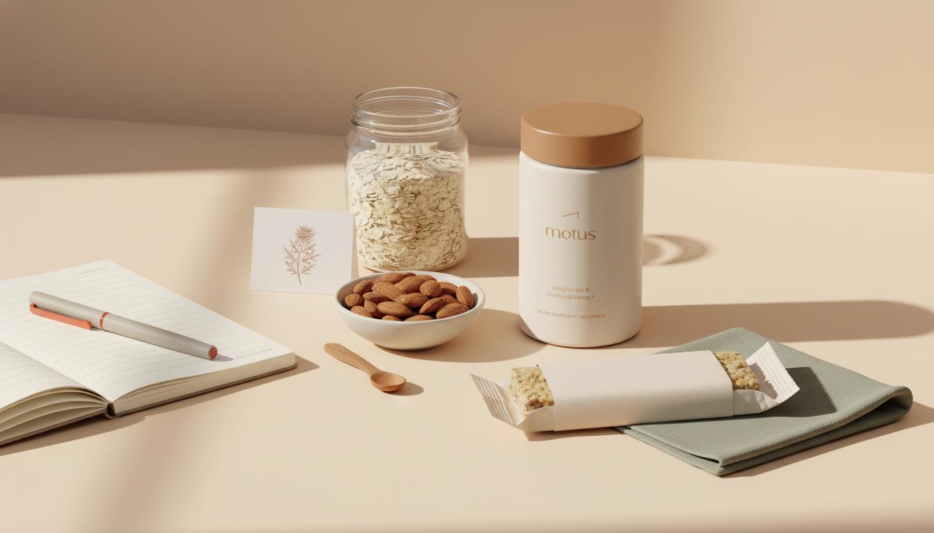 Minimalist tabletop scene with a wrapped protein bar, bowl of almonds, jar of oats, Tonum Motus container and open notebook on a beige background illustrating protein bar side effects in a calm clinical lifestyle style.