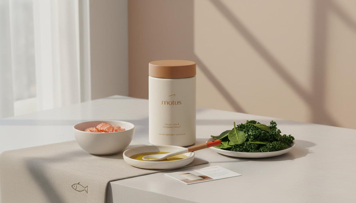 Minimalist kitchen counter with Tonum Motus bottle beside a bowl of fatty fish, olive oil, and greens conveying keto diet wellness and scientific-meets-nature simplicity.
