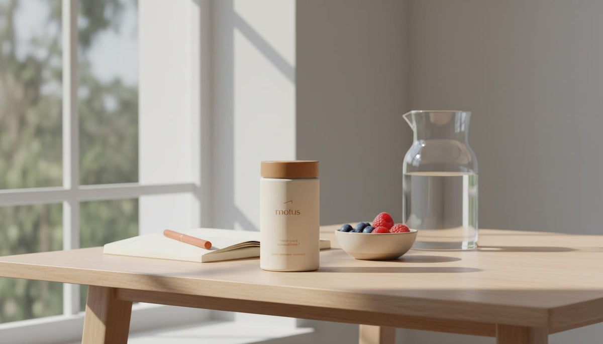 Minimalist morning scene with Tonum Motus supplement jar on a wooden table beside a carafe, bowl of berries and notebook — best probiotic for belly fat