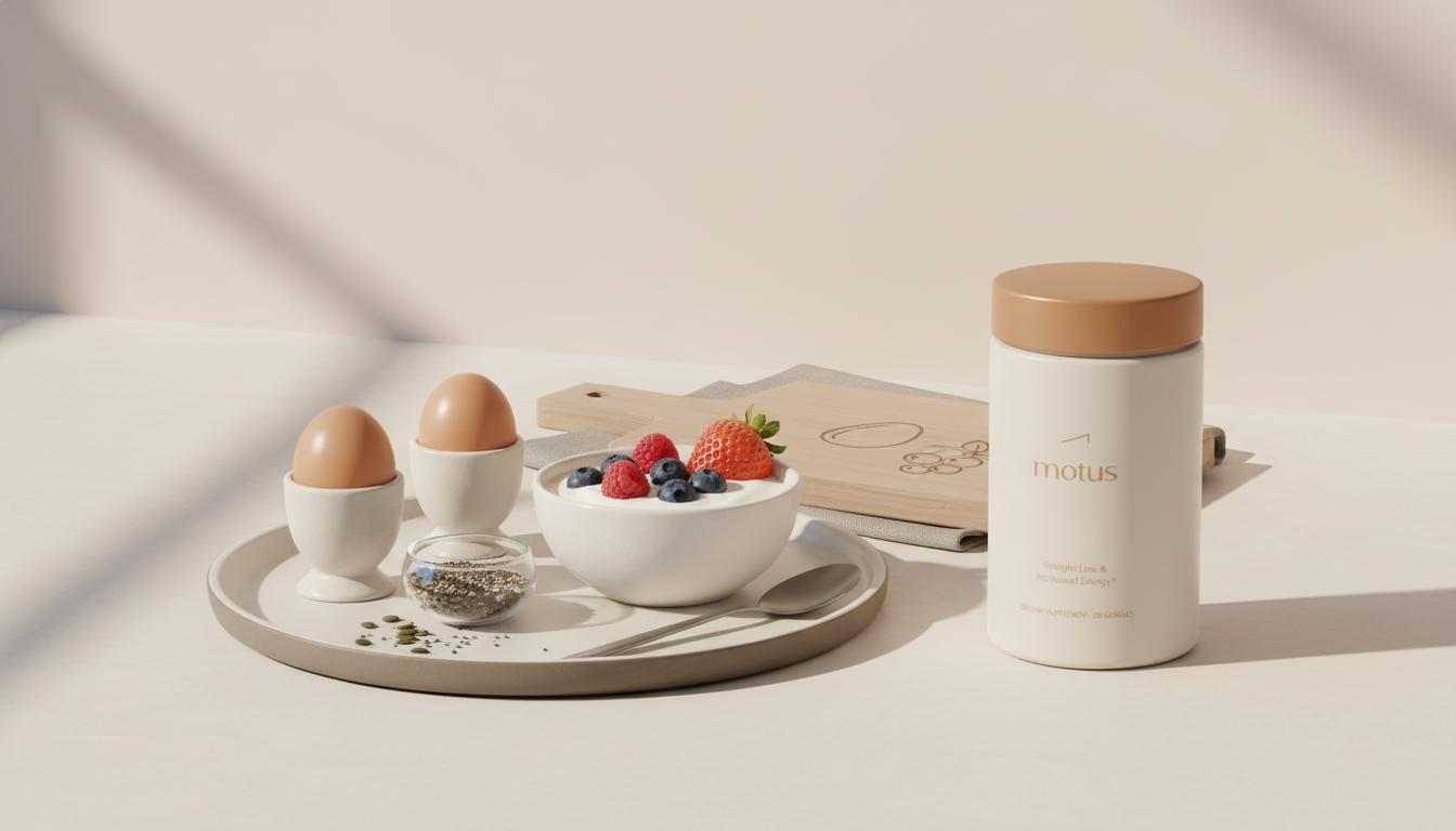 30g protein breakfast: minimalist kitchen counter with eggs, Greek yogurt bowl topped with berries and a Tonum Motus supplement jar placed to the side in natural morning light