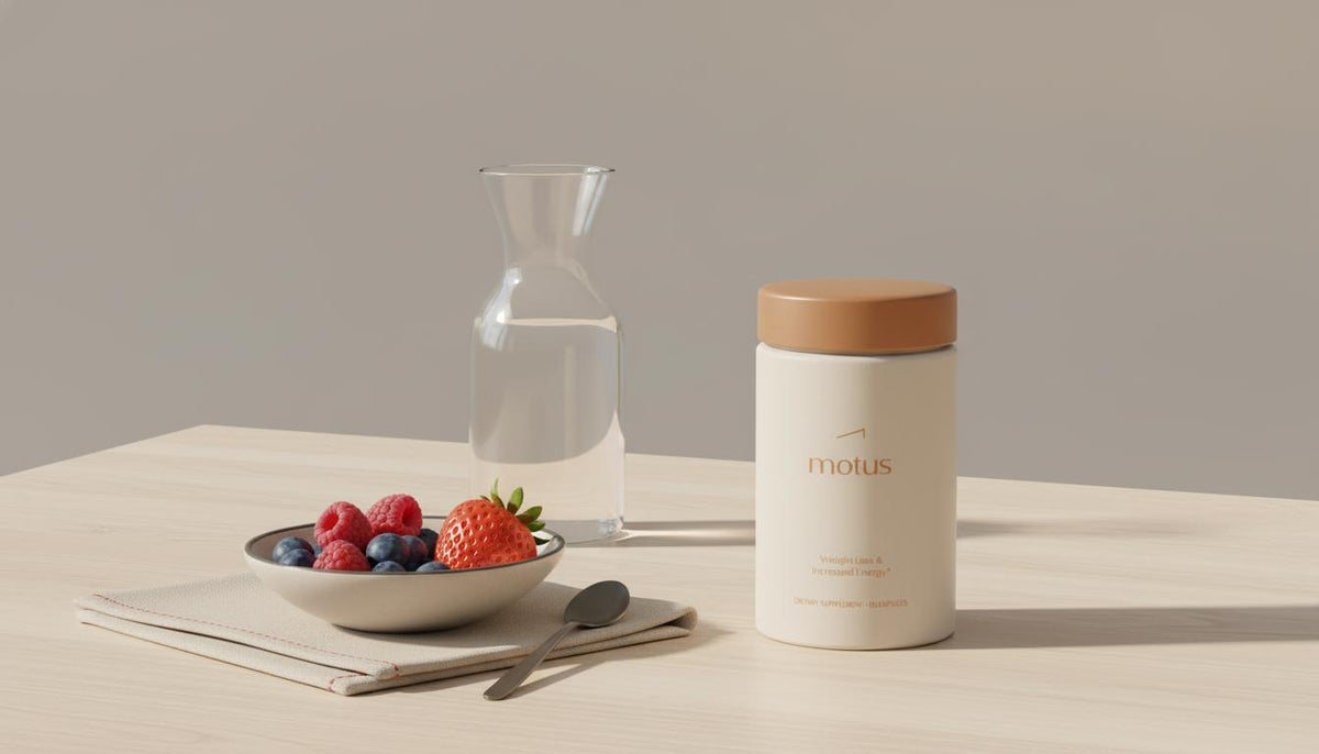 Minimalist still-life of Tonum Motus supplement bottle with bowl of berries, folded linen napkin and glass carafe on wooden table, calm scene to lose belly fat fast