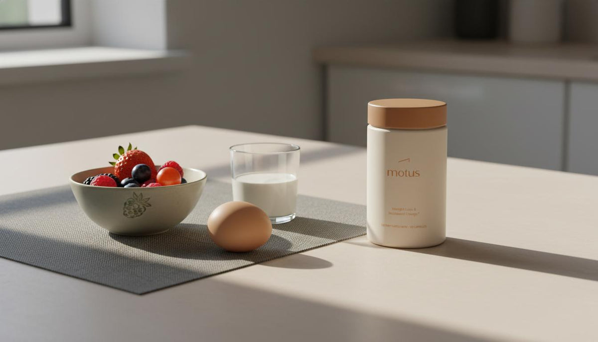 Minimalist kitchen table with a Motus supplement jar next to mixed berries, an egg and a glass of milk, illustrating protein for belly fat loss in a calm Tonum style
