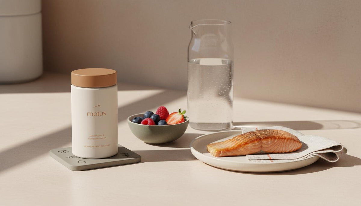Minimalist sunlit kitchen counter with the Motus supplement jar beside fresh berries, fatty fish on a plate and a carafe of water, highlighting vitamin deficiency weight gain.