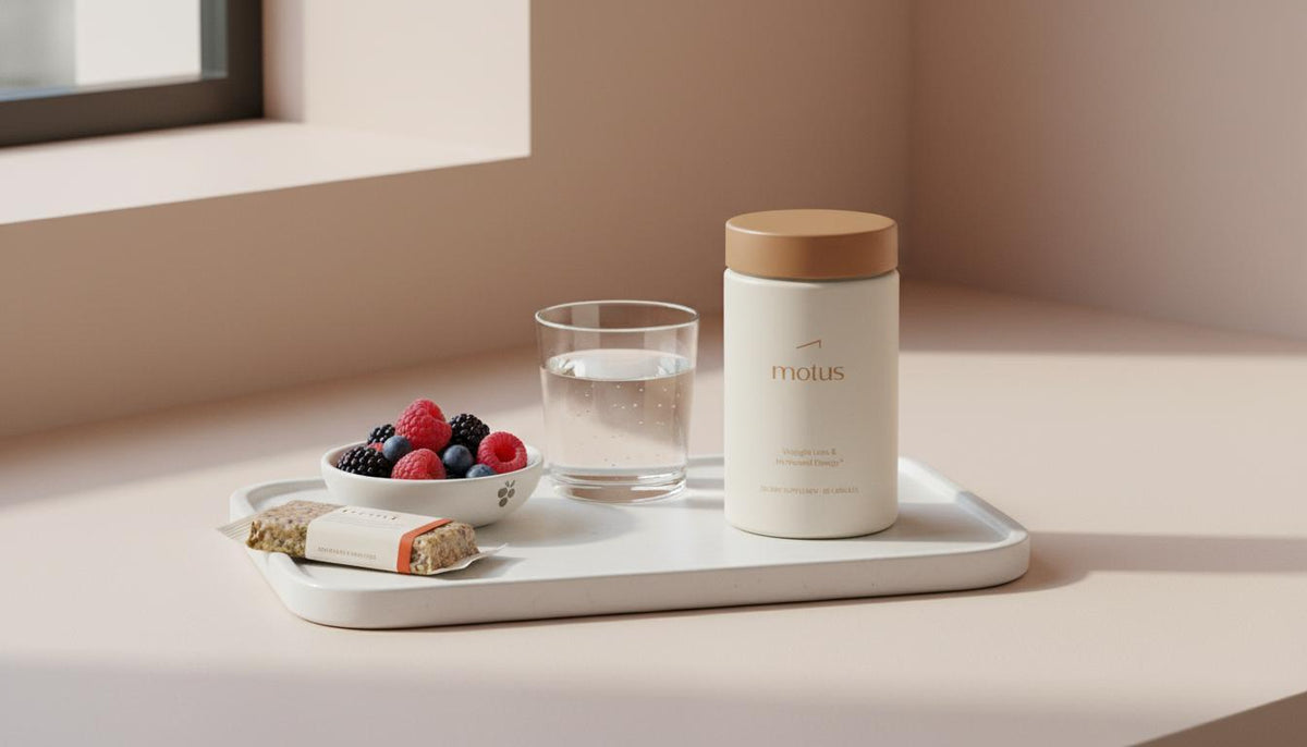Minimal kitchen scene with Tonum Motus supplement jar, a wrapped protein bar, bowl of berries and water — When should I eat protein bars to lose weight?