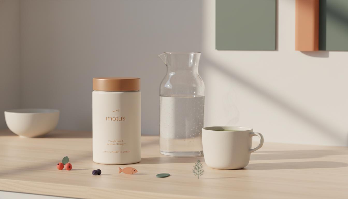 Minimalist kitchen scene with a Tonum Motus supplement jar beside a carafe of water and a cup of green tea, illustrating the best drink to speed up metabolism.