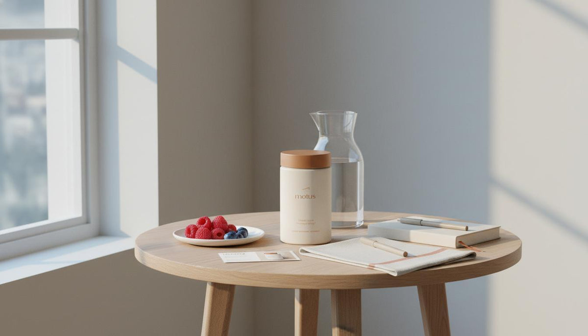 Minimal, sunlit morning table with a Tonum supplement jar, carafe of water, plate of berries and a journal — serene scene for brain fog remedies, calm wellness and nutrition