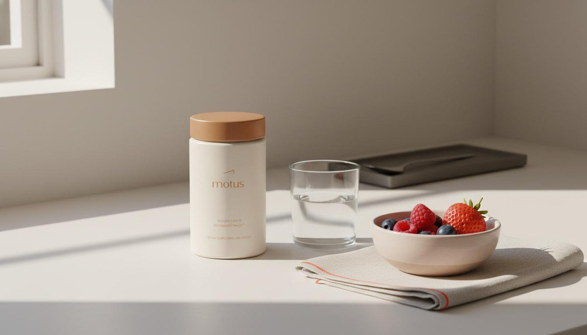 Minimalist kitchen counter with Tonum Motus supplement jar beside glass of water and bowl of mixed berries on a #F2E5D5 background, illustrating probiotics for belly fat
