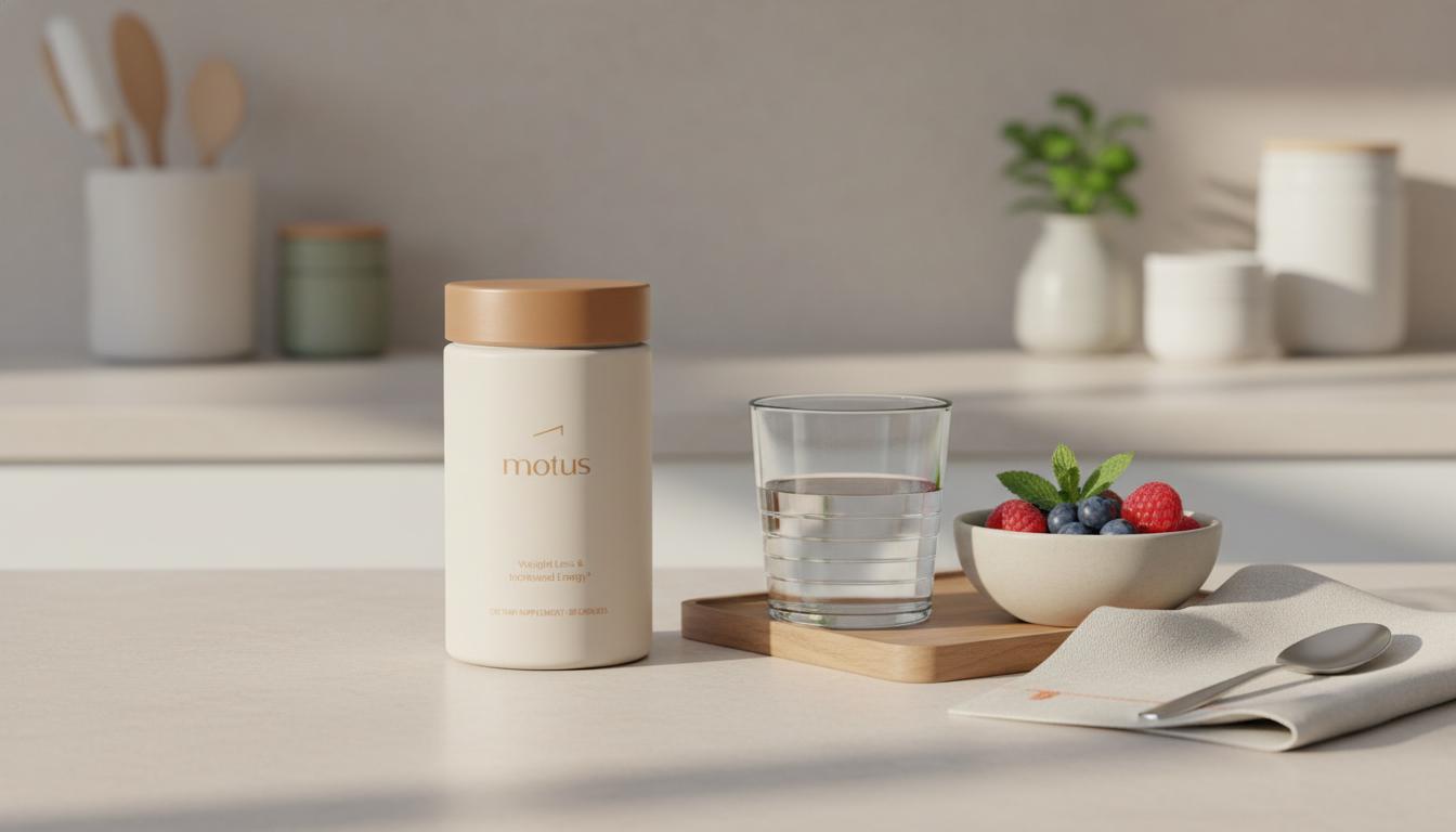 Minimalist kitchen counter with Tonum Motus jar beside a glass of water and a bowl of berries, suggesting a daily creatine supplement routine.