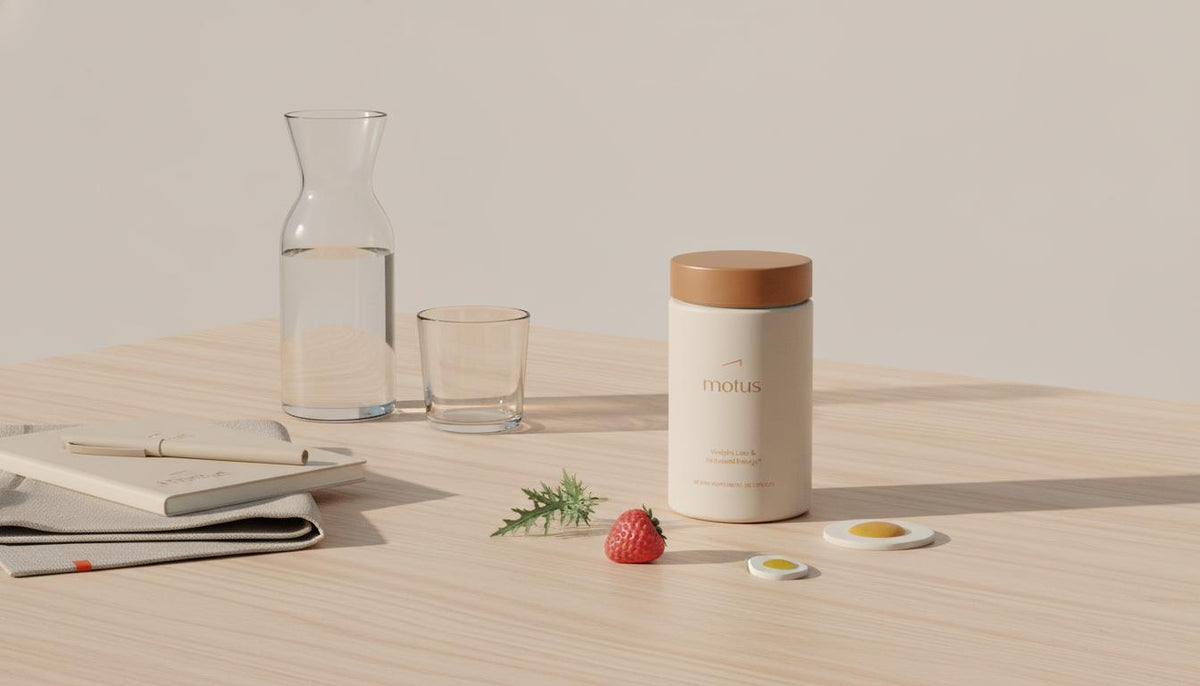 Minimalist still-life of Tonum supplement jar with berry, milk thistle and egg icons on wooden table against beige #F2E5D5 background — what is sustainability