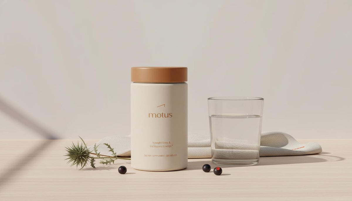 Minimalist still life of a Tonum supplement jar with glass of water, milk thistle sprig and berries on pale wood, suggesting a research-backed morning routine — creatine belly fat